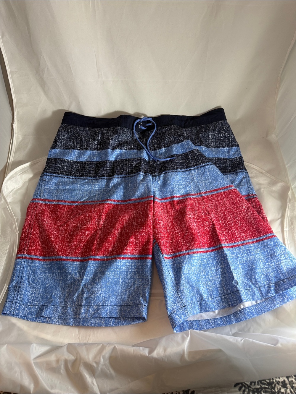 Roundtree & Yorke Blue, Red and Black Striped Swim Shorts